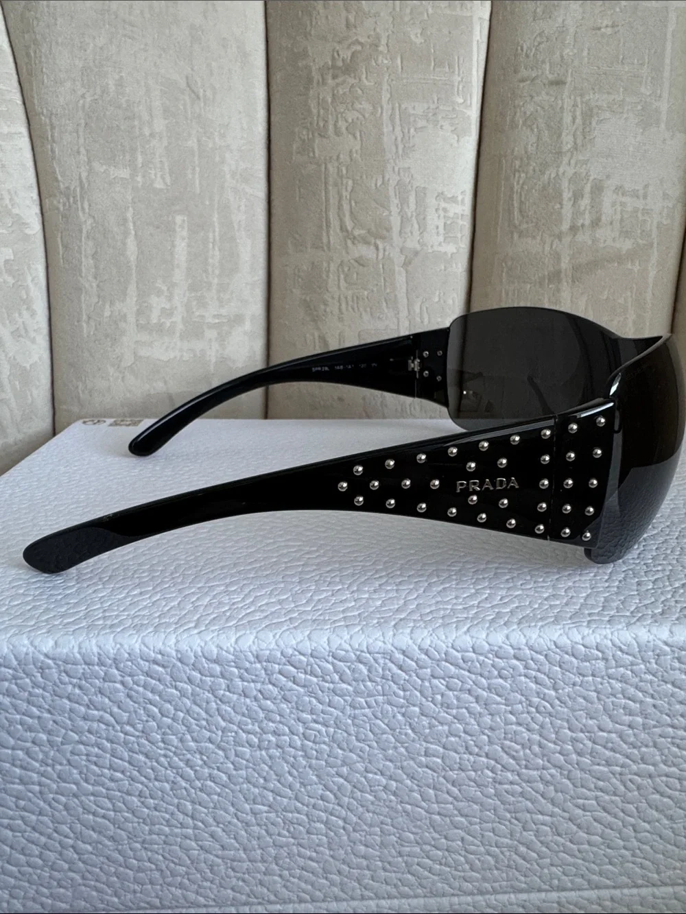 Prada Black Shield Sunglasses with Silver Stud Accents